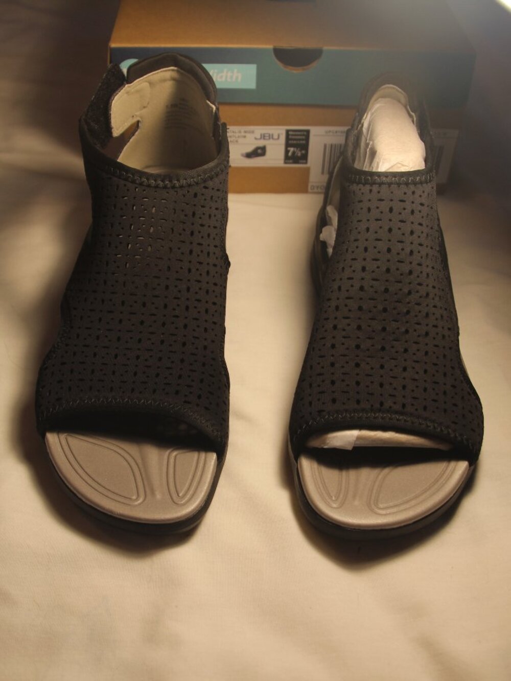 Sandals, black with adjustable heal strap. Size 7.5W. JBU brand. New.